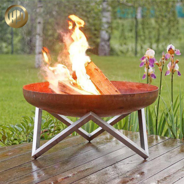Outdoor Rusty Treatment Round Fire Bowl, Metal Base For Fire Pit